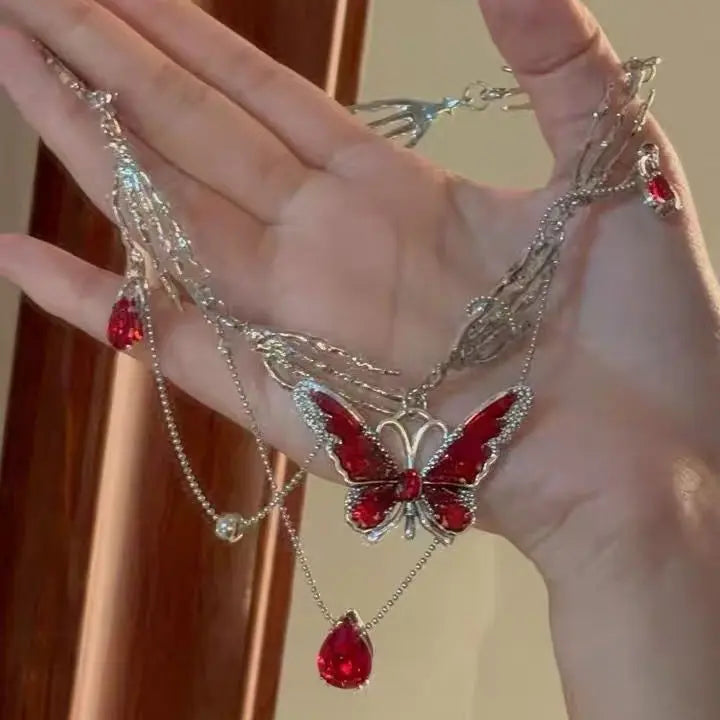 Red Dripped Necklace For Women Tassel Multi-Layer Necklace - visax